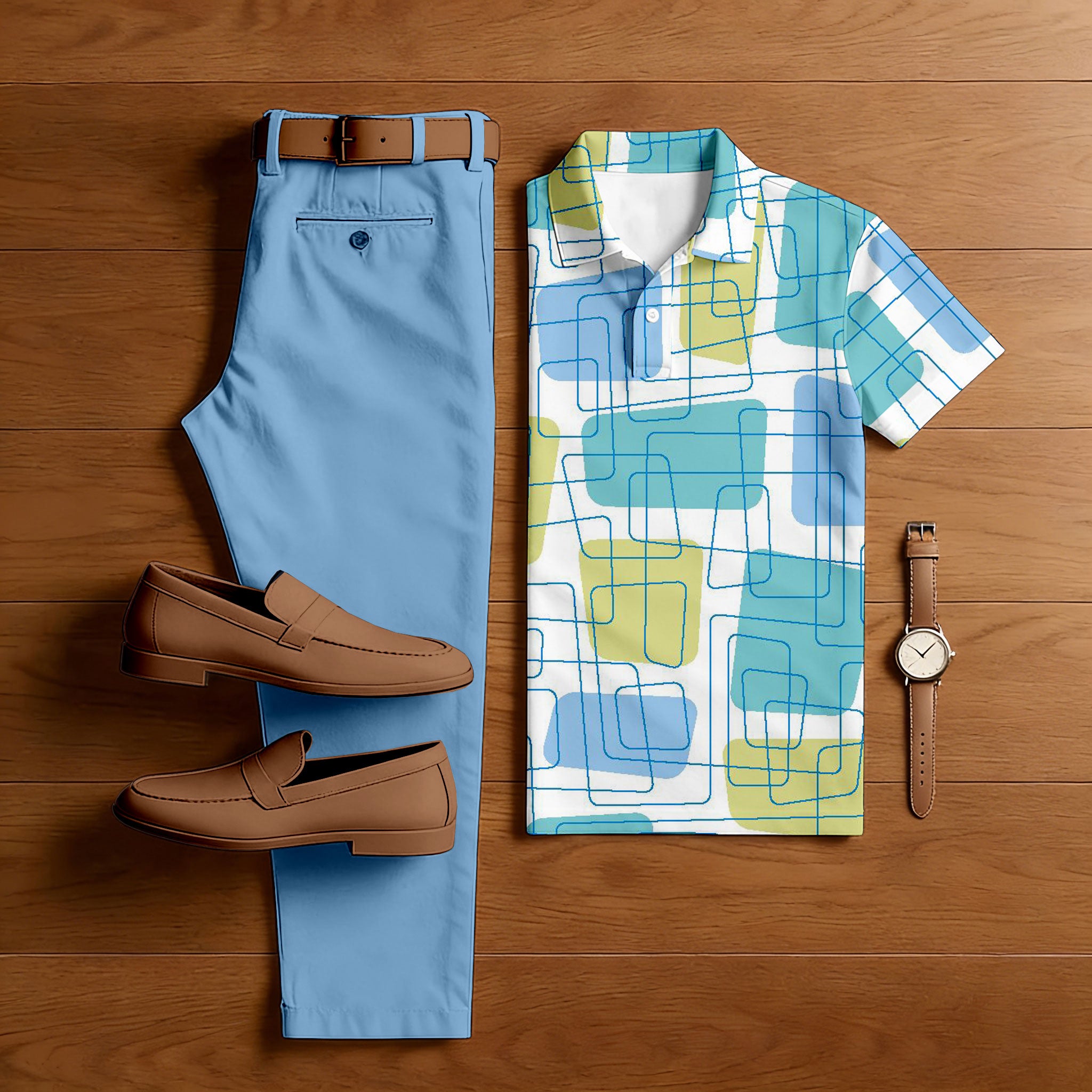 Men's Casual Blue & Multi Color Matching Geometric Printed Short Sleeved Polo Shirt & Trousers Two-Piece Set