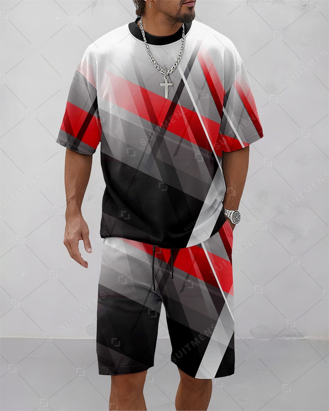 Men's Summer Colorblock Printed Round Neck Suit 081