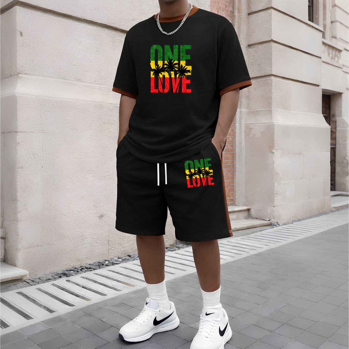 Men's Pattern Short-Sleeve T-Shirt and Drawstring Shorts Set, Men's Clothing, Casual Sporty Short-Sleeve Top and Shorts, Summer Men's Everyday Wear, Indoor and Outdoor Sportswear, Athletic Set