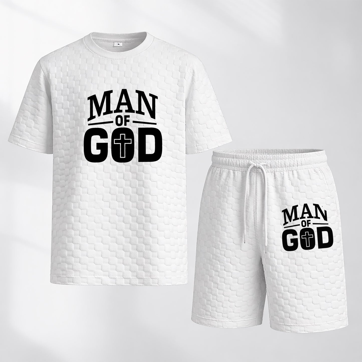 Men's Spring and Summer 'Man of God' Letter Print Checkered Fabric Drawstring Shorts Set, Casual Summer Outfit with Short-Sleeved Shirt and Shorts, Ideal for Everyday Wear and Sports Activities.