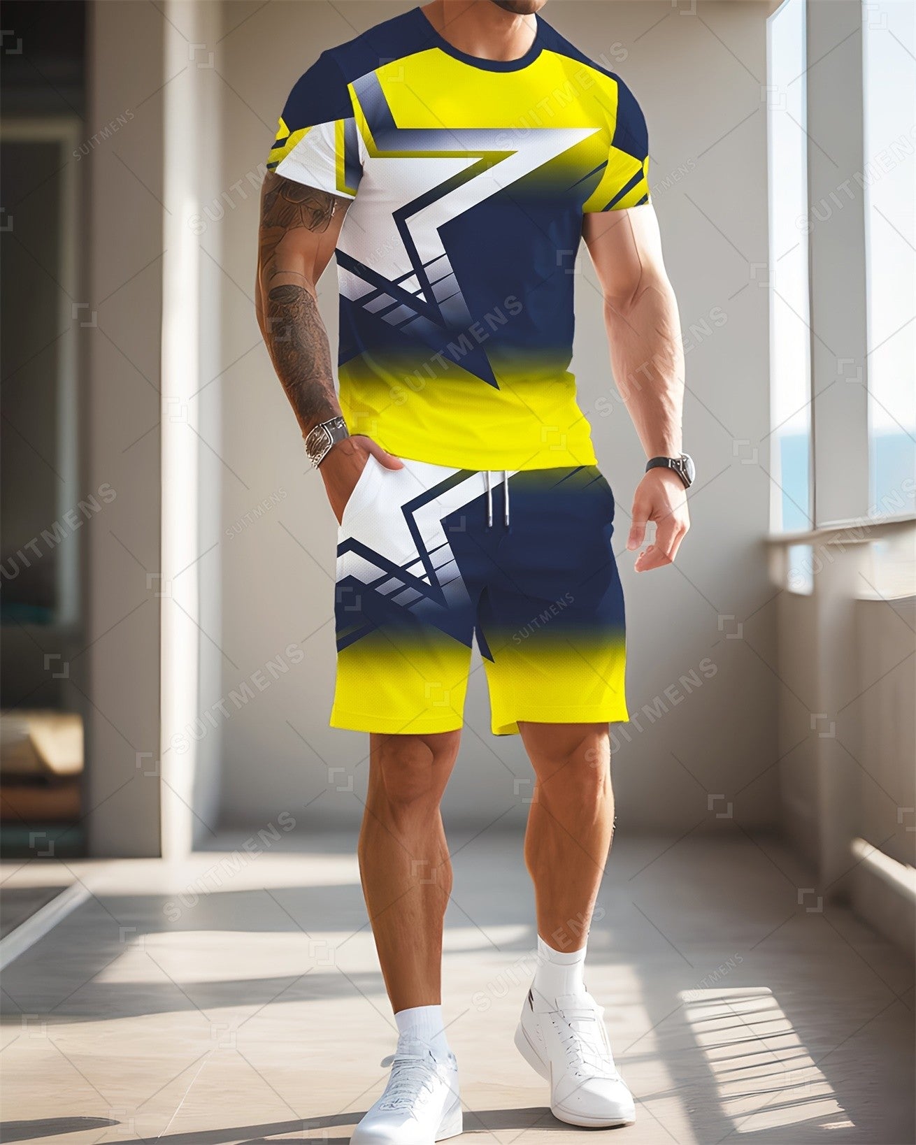 Men's Summer Color Matching Print Round Neck Set 970