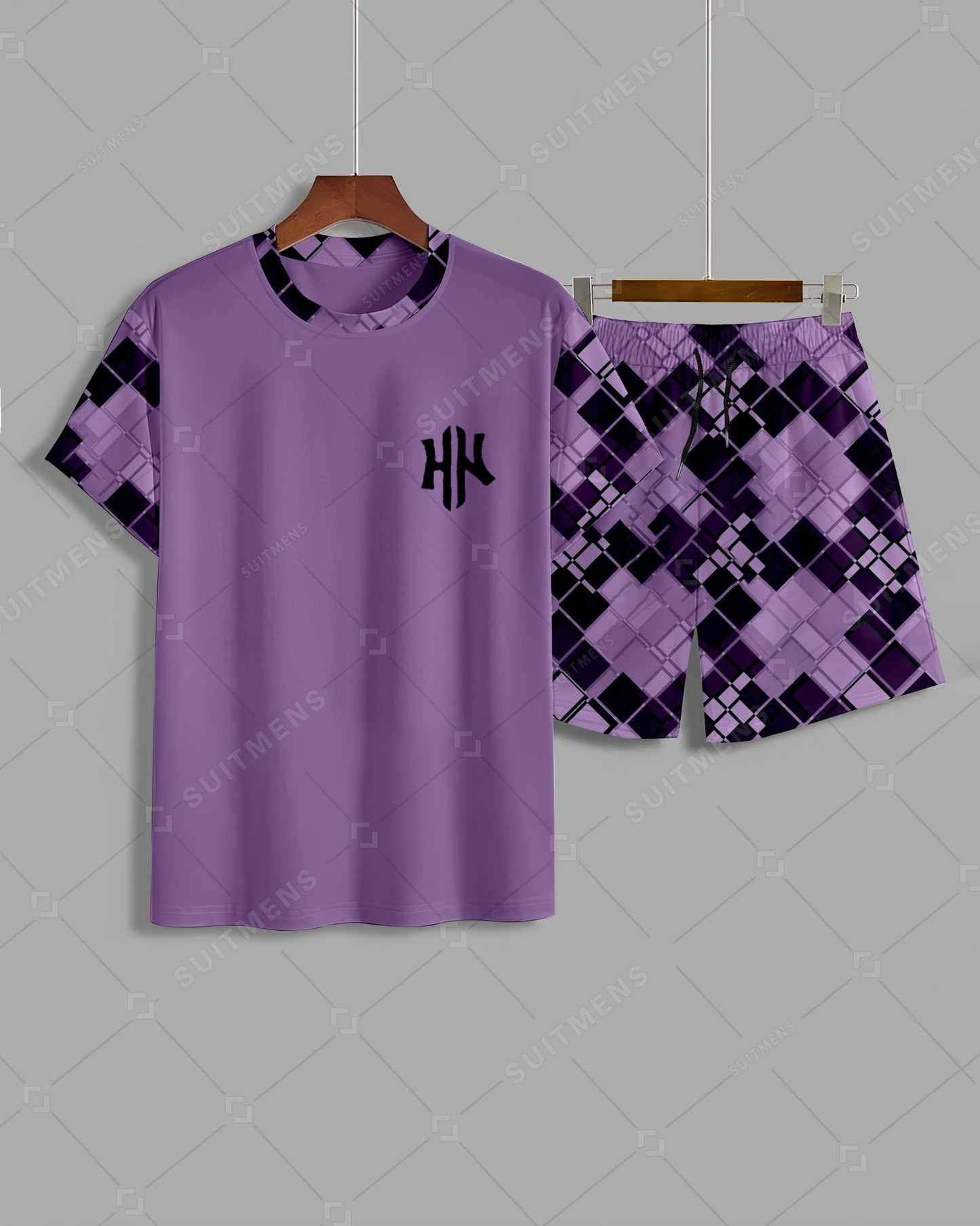 Men's Summer Colorblock Printed Round Neck Suit 013