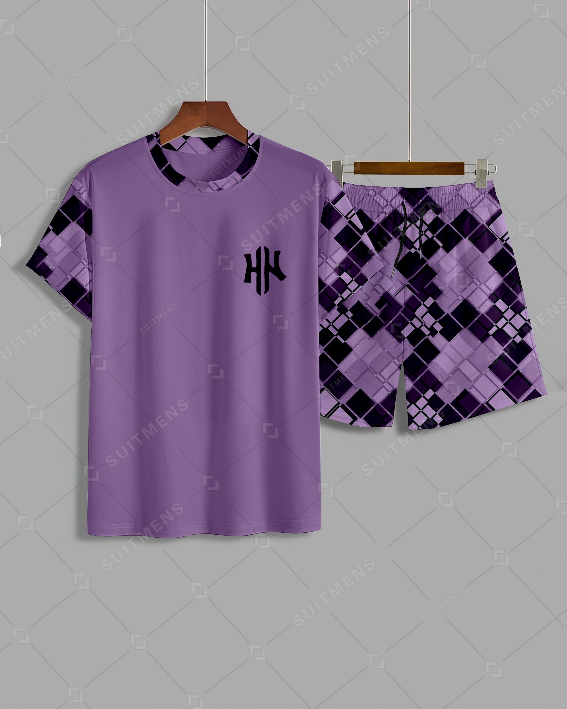 Men's Summer Colorblock Printed Round Neck Suit 013