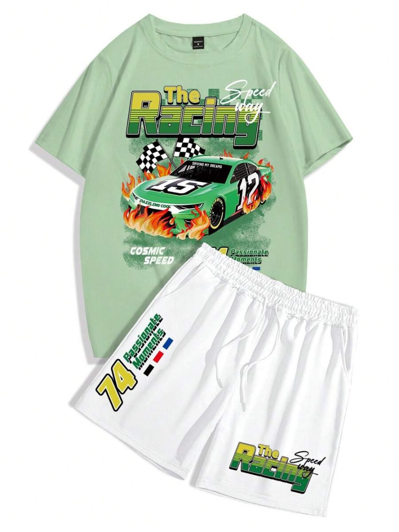 Men's Summer Car Print Round Neck Set 260