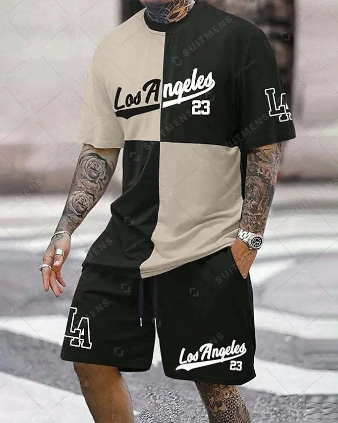 Men's Summer Color Matching Print Round Neck Set 234