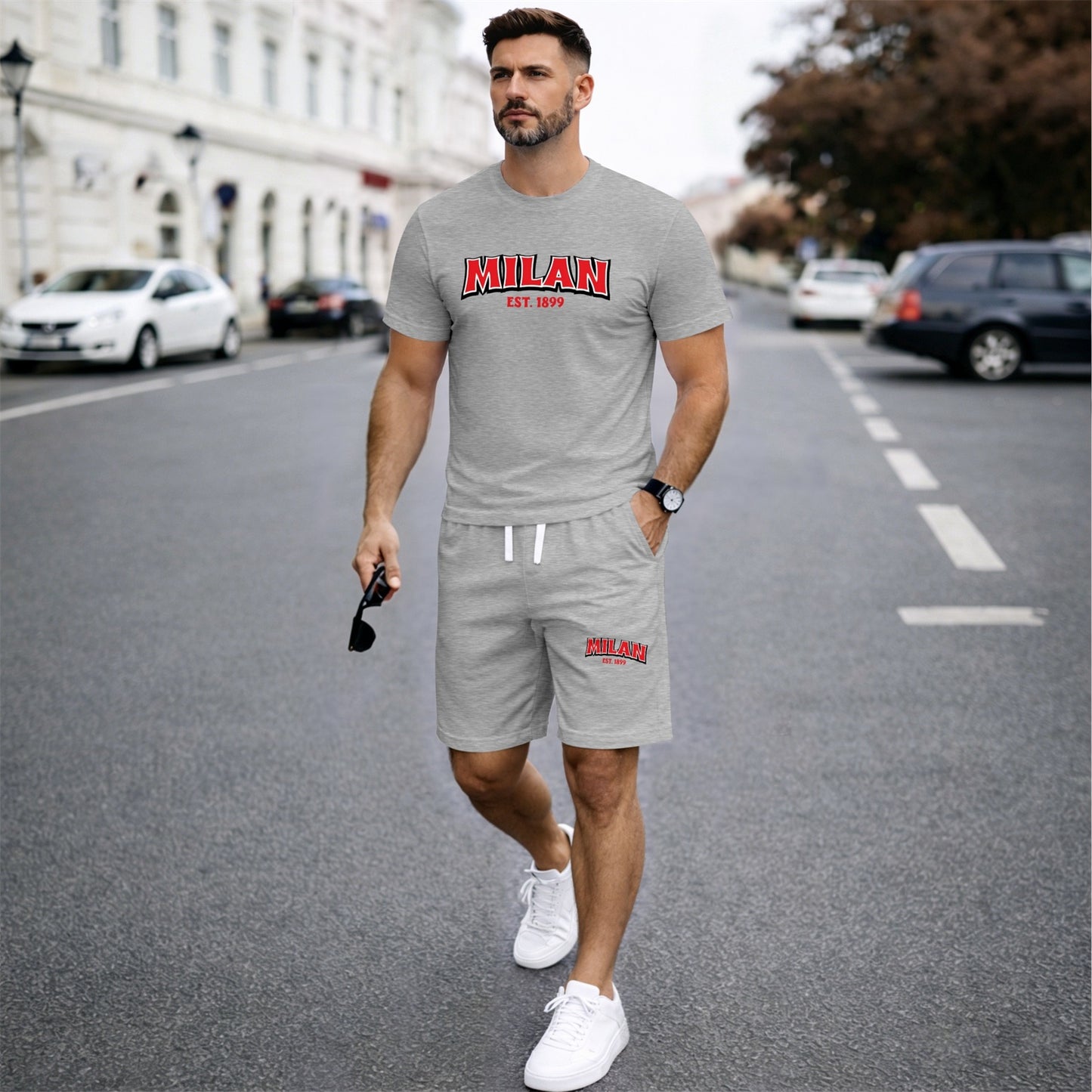 Men's Summer Two-Piece Set: Featuring a short-sleeve T-shirt with a "Milan" letter print paired with drawstring shorts, this lightweight and breathable casual outfit is perfect for the beach, vacations, workouts, travel, running, and everyday wear.