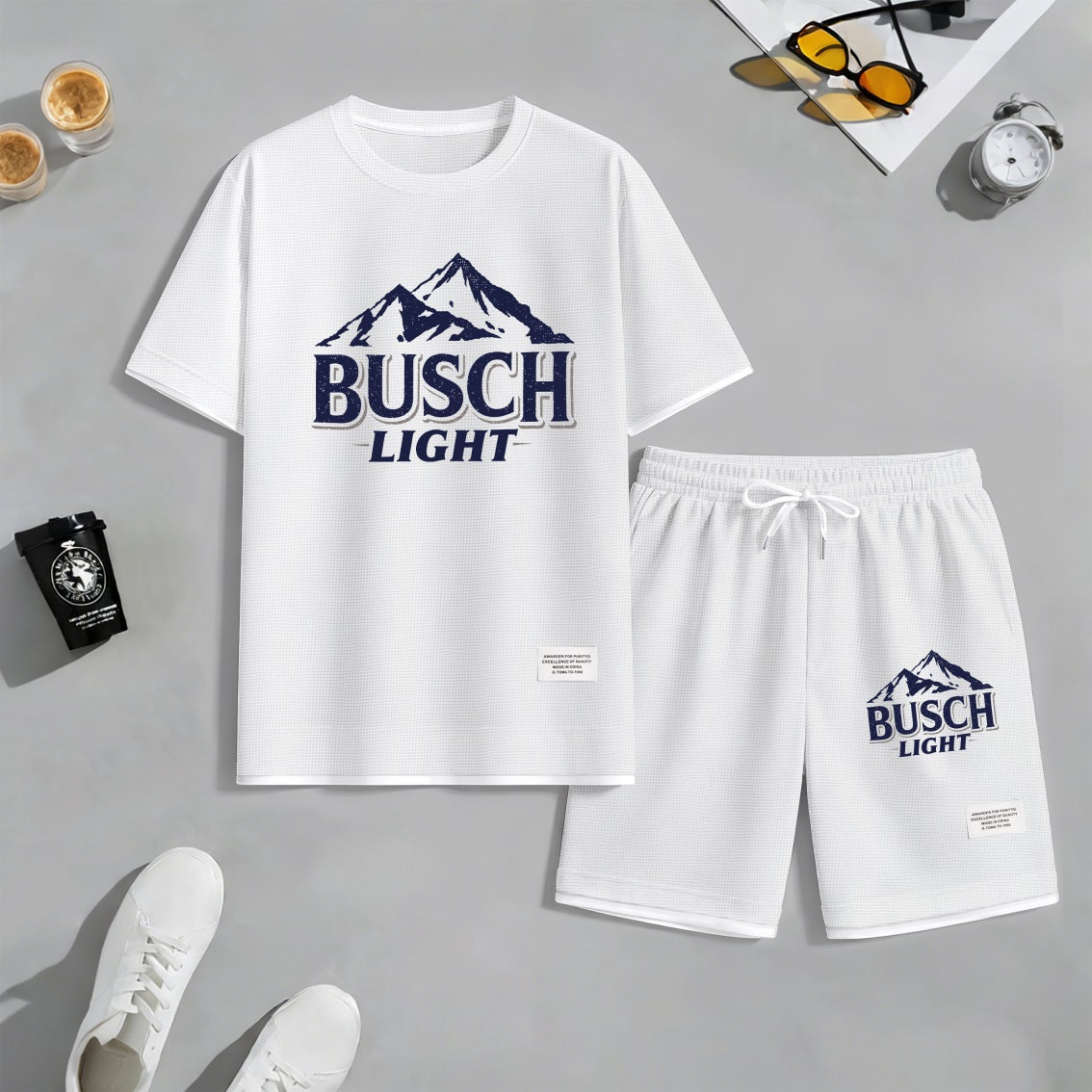 Men's Retro Mountain Beer Print Waffle Fabric Short-Sleeved Shirt And Shorts Set