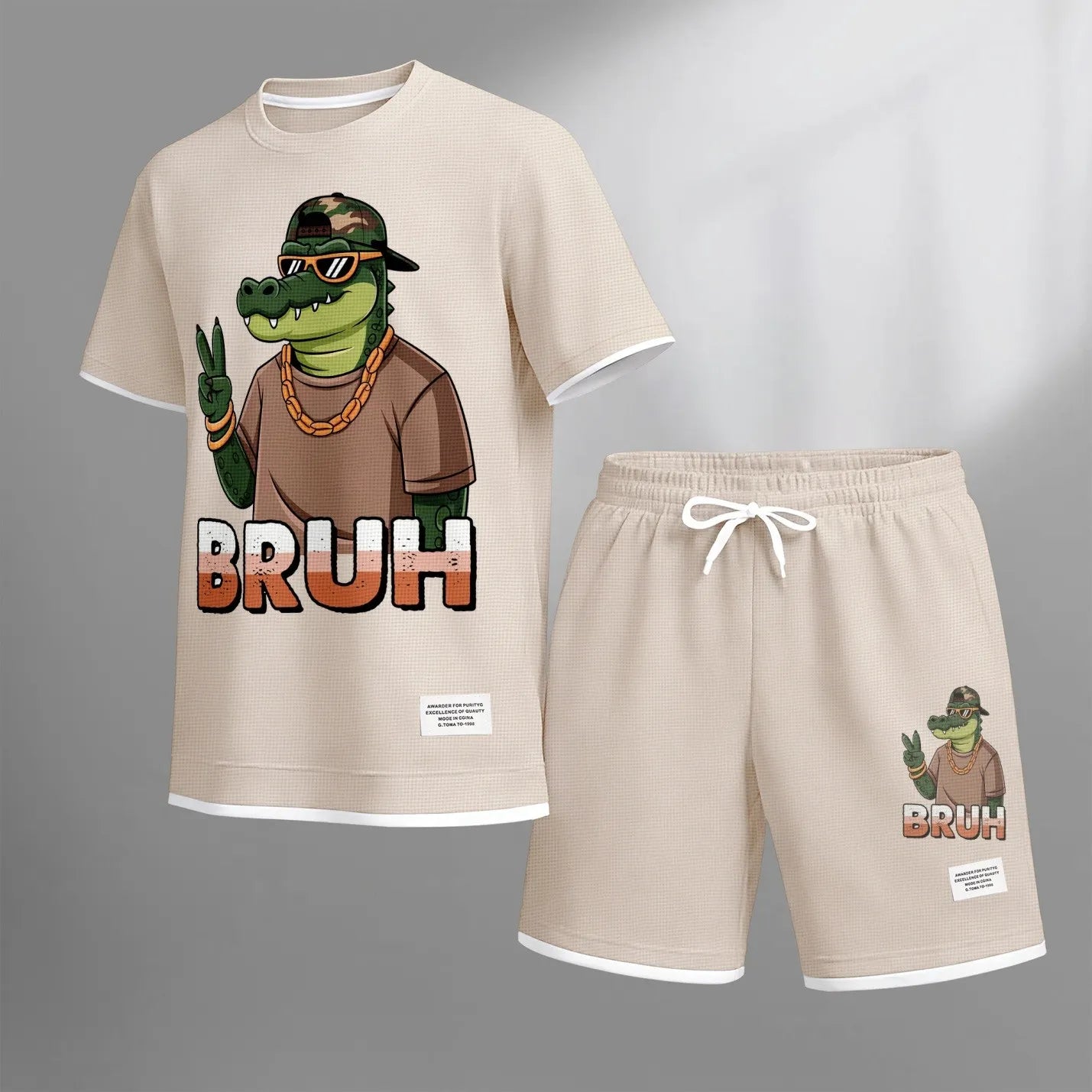 Men's Hip-Hop Street Style Funny Animal Graphic Print Short Sleeve Shirt and Drawstring Shorts Set, Casual Summer Two-Piece Outfit, Lightweight Breathable Relaxed Fit Sportswear, Stylish Comfortable Daily Wear Beach Vacation Travel Loungewear