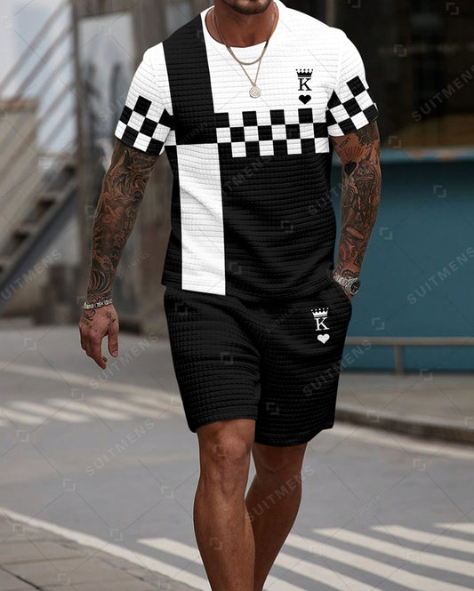 Men's Casual Waffle Textured Summer Round Neck Short Sleeve Shorts Set 0017