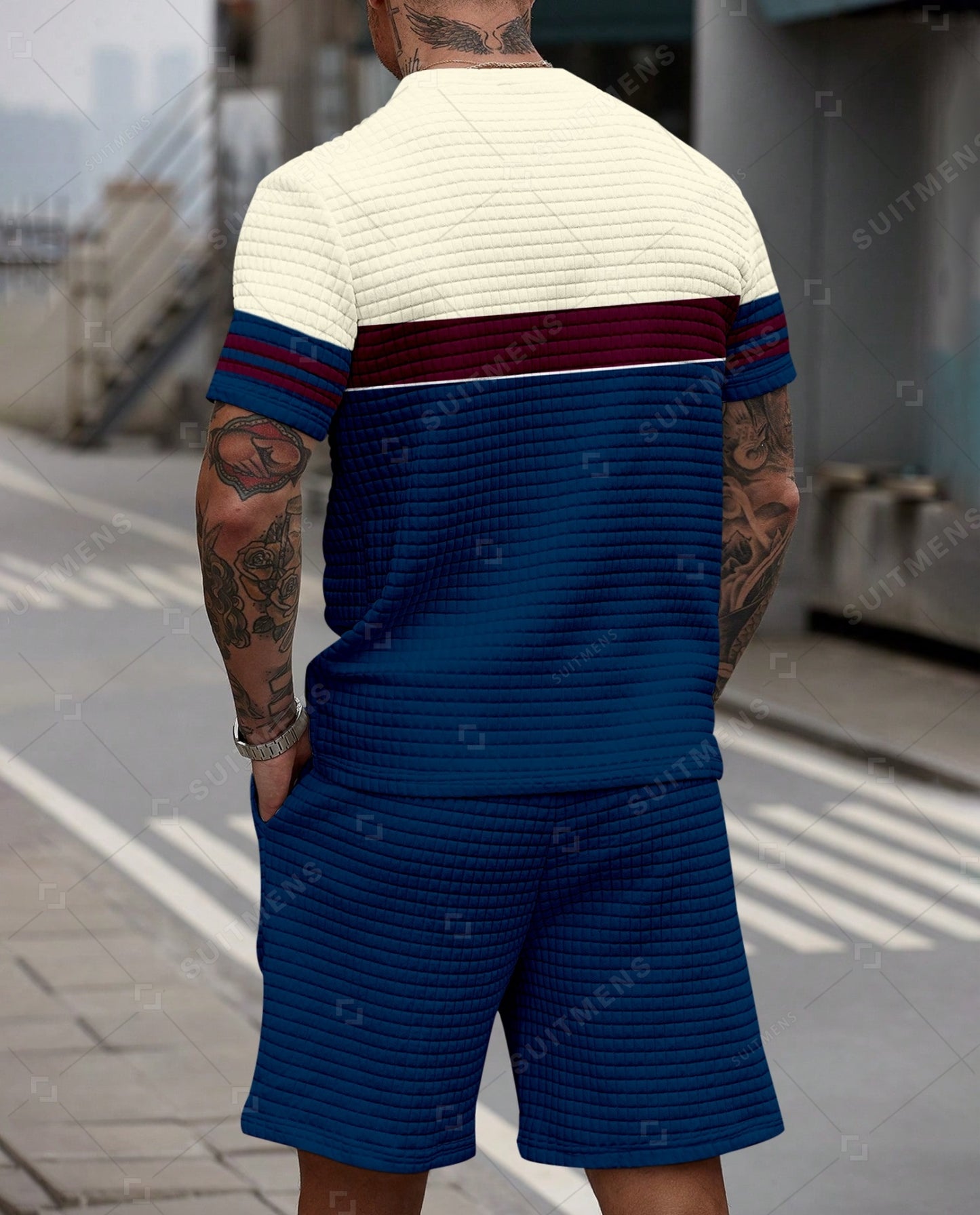 Men's Casual Waffle Textured Summer Round Neck Short Sleeve Shorts Set 0021