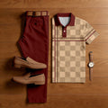 Men's Casual Maroon & Tan Color Matching Checkered Printed Short Sleeved Polo Shirt & Trousers Two-Piece Set200565