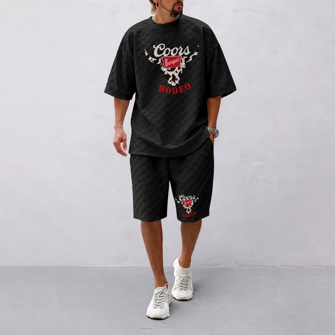 Men's Spring And Summer Classic Beer Print With Red And Black Line Checkered Fabric Drawstring Shorts Set, Casual Summer Outfit With Short-Sleeved Shirt And Shorts, Ideal For Everyday Wear And Sports Activities