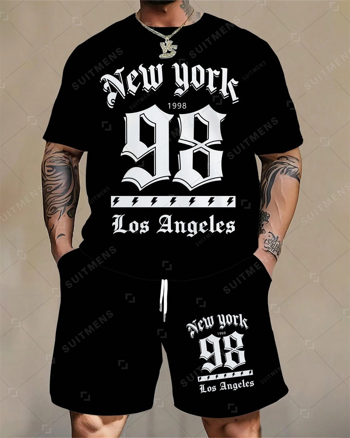 Men's Summer Letter Print Round Neck Set 244