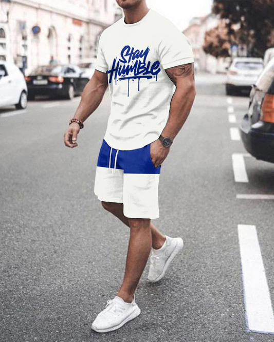 Suitmens Men's Blue and White Print Shorts Suit