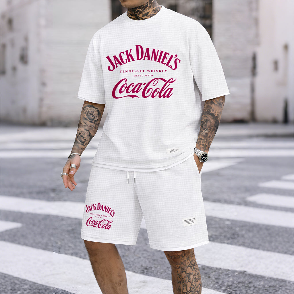 Men's Beer Print Drawstring Shorts Set, Suitable For Spring And Summer Wear, Casual Summer Set, Including Short-Sleeved Shirt And Shorts, Suitable For Everyday Wear And Sports 08