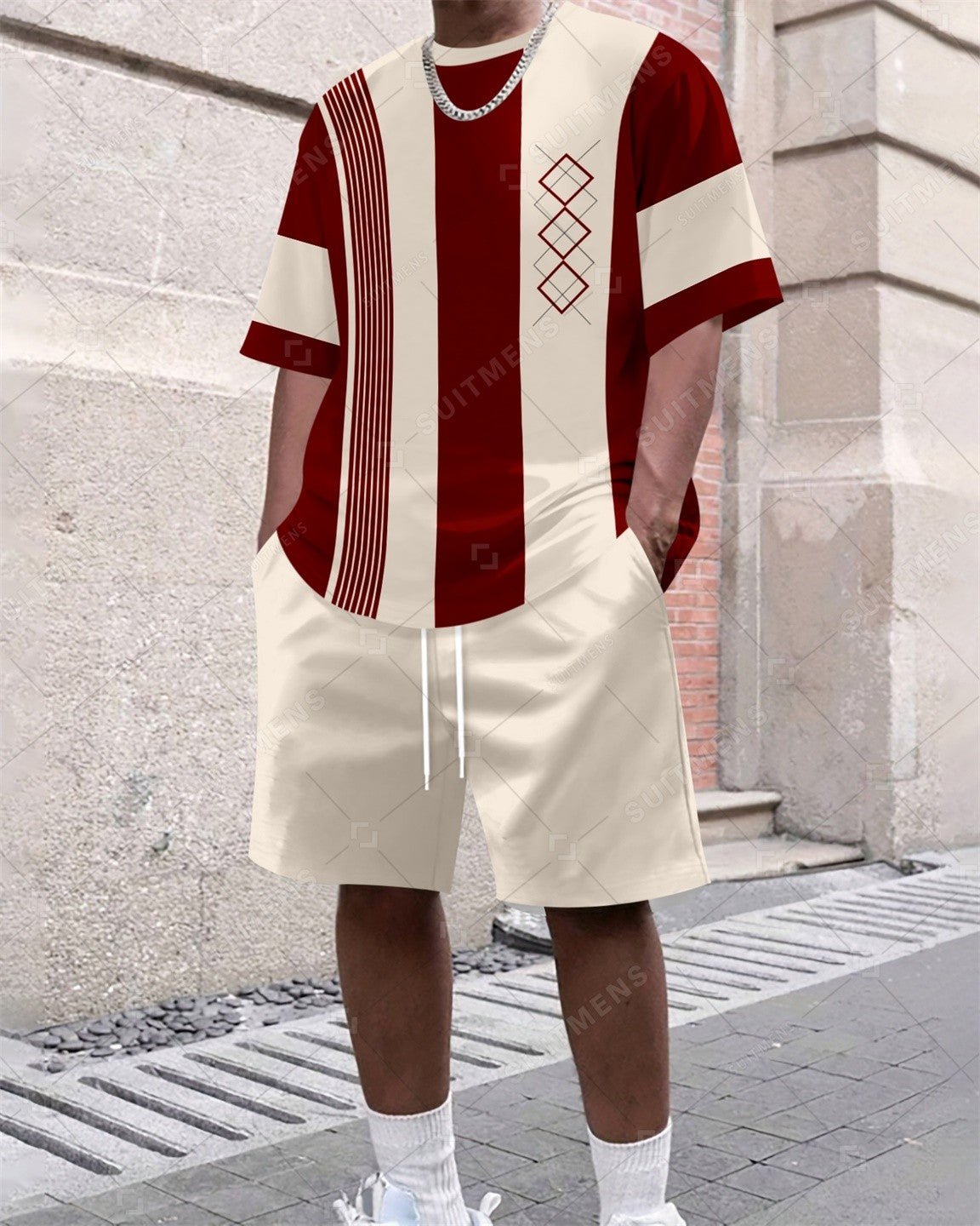 Men's Summer Colorblock Printed Round Neck Set 382