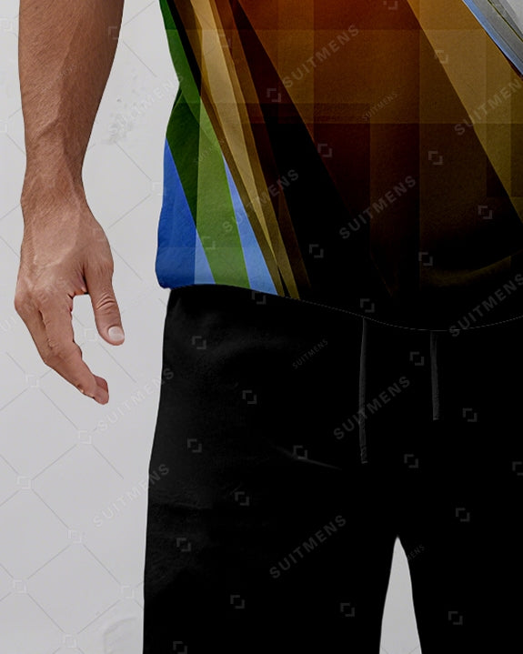 Men's Summer Colorblock Printed Round Neck Suit 087