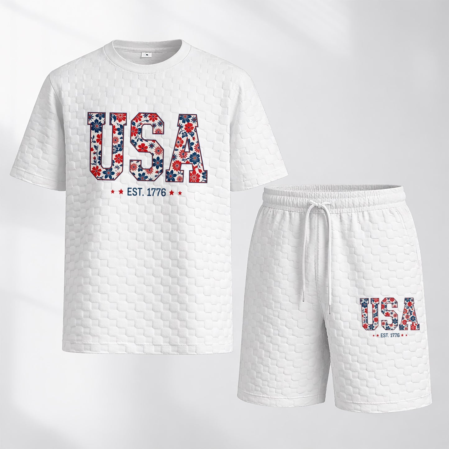 Men's Spring/Summer USA-Print Plaid Drawstring Shorts Set—A casual summer outfit featuring a short-sleeve shirt and shorts, ideal for both everyday wear and athletic activities