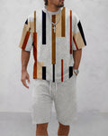 Men's Summer Colorblock Printed Round Neck Suit 065