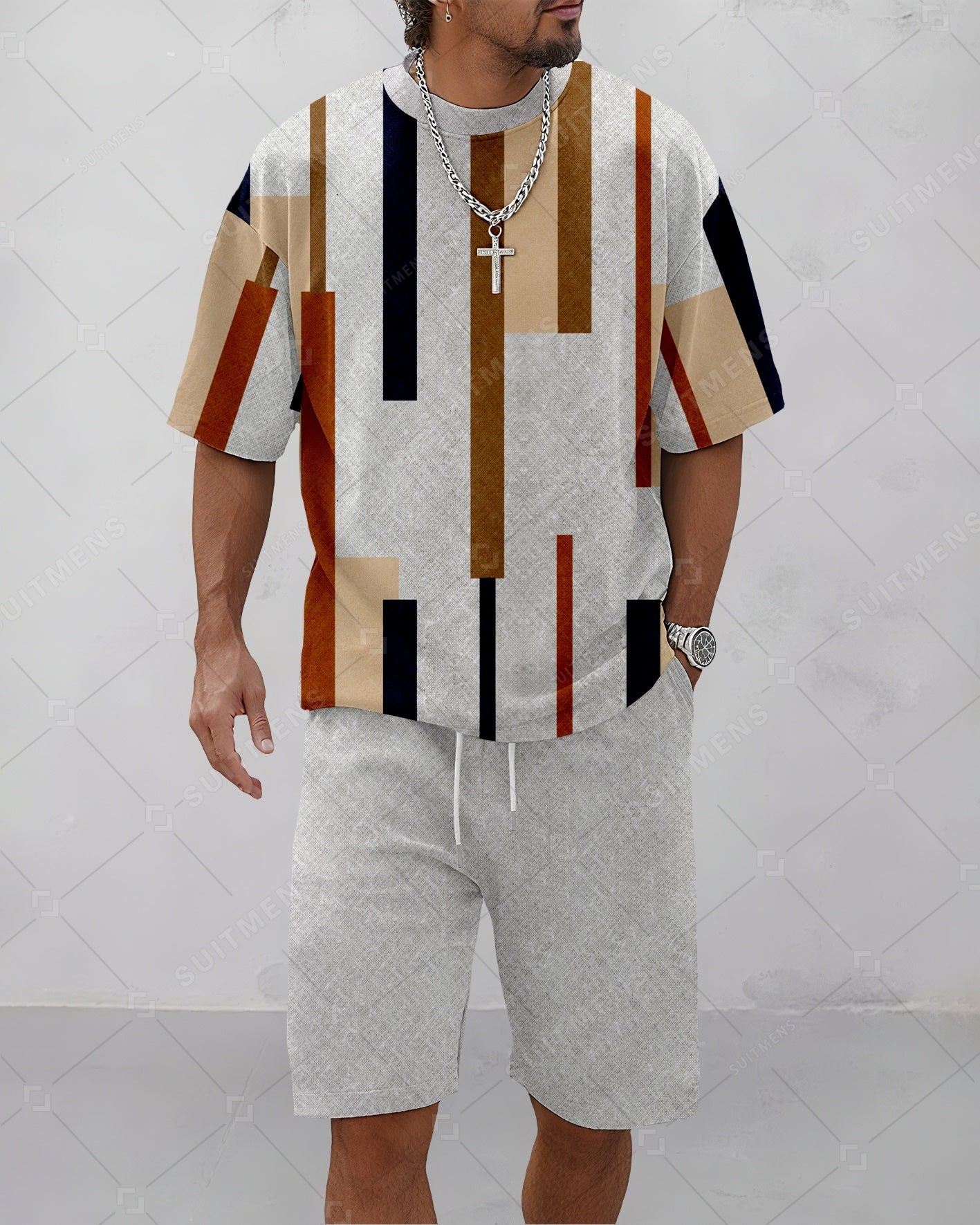 Men's Summer Colorblock Printed Round Neck Suit 065