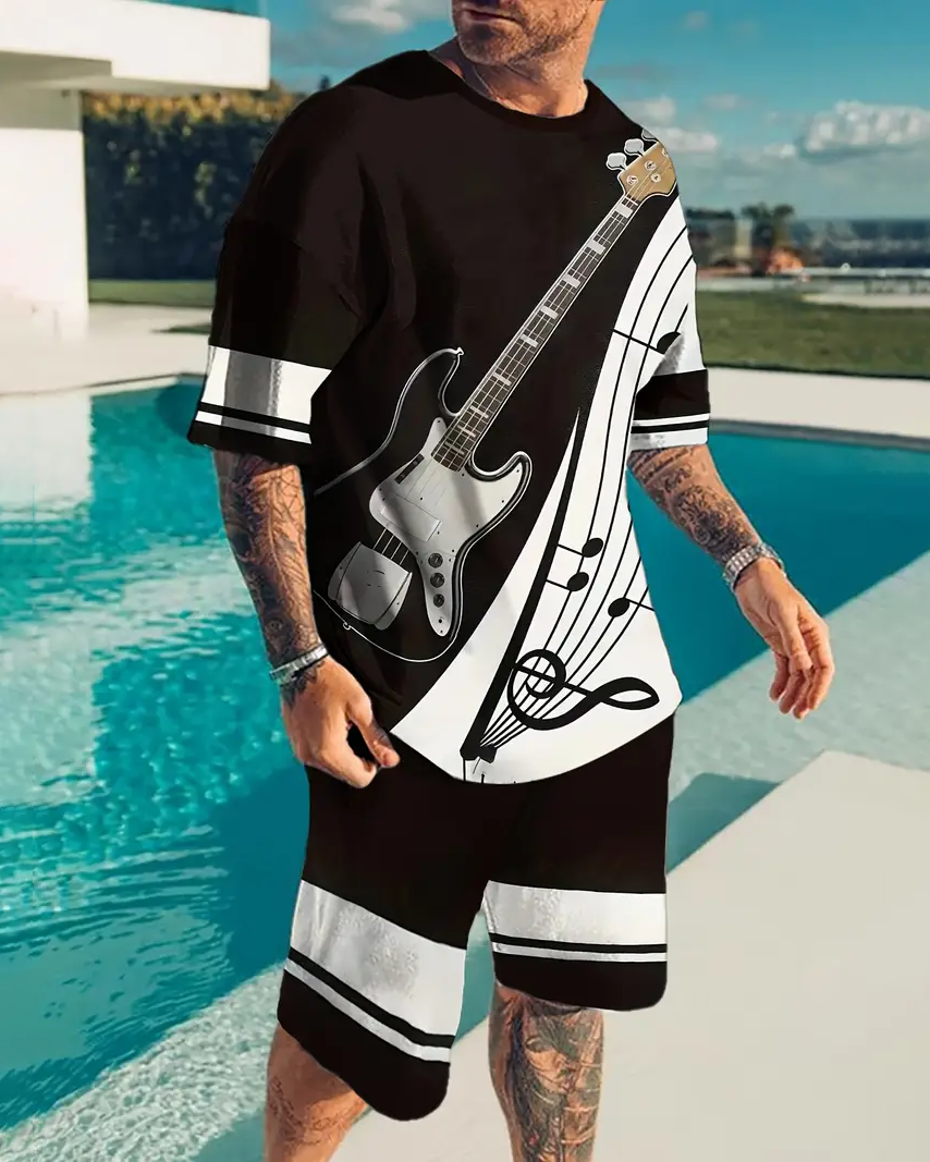 Men's Casual Color Block Music Print Shorts Set 556