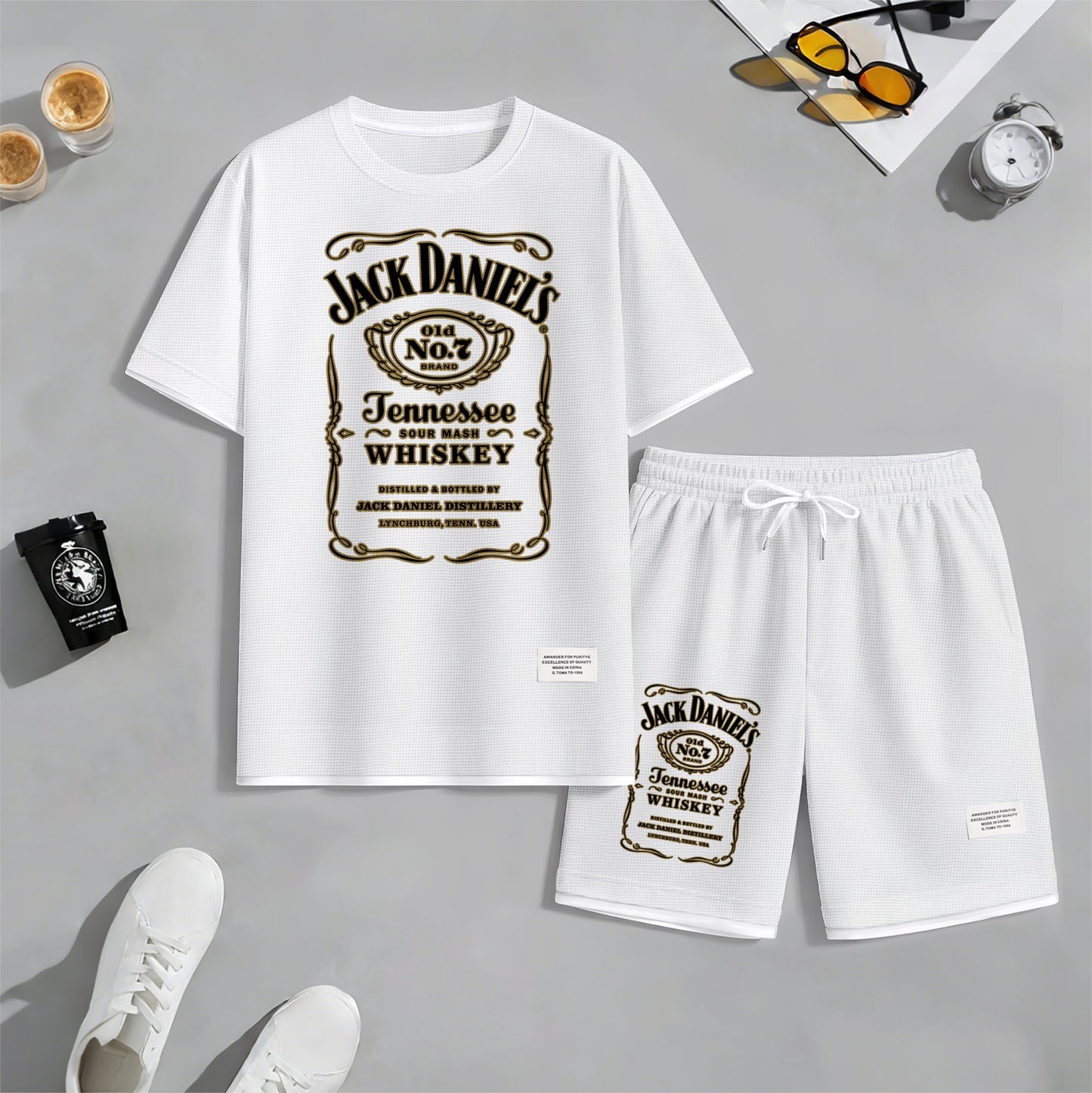 Men's Beer And Beverage Printed Drawstring Shorts Set, Suitable For Spring And Summer Wear, Casual Summer Set, Including Short-Sleeved Shirt And Shorts, Suitable For Everyday Wear And Sports 03