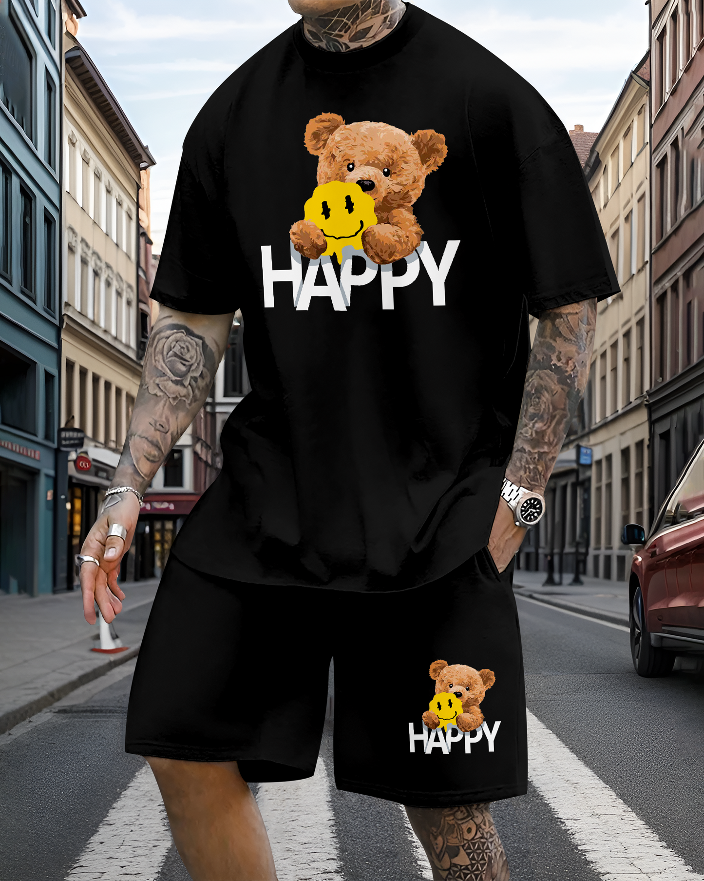 Men's casual fun bear print shorts set 606