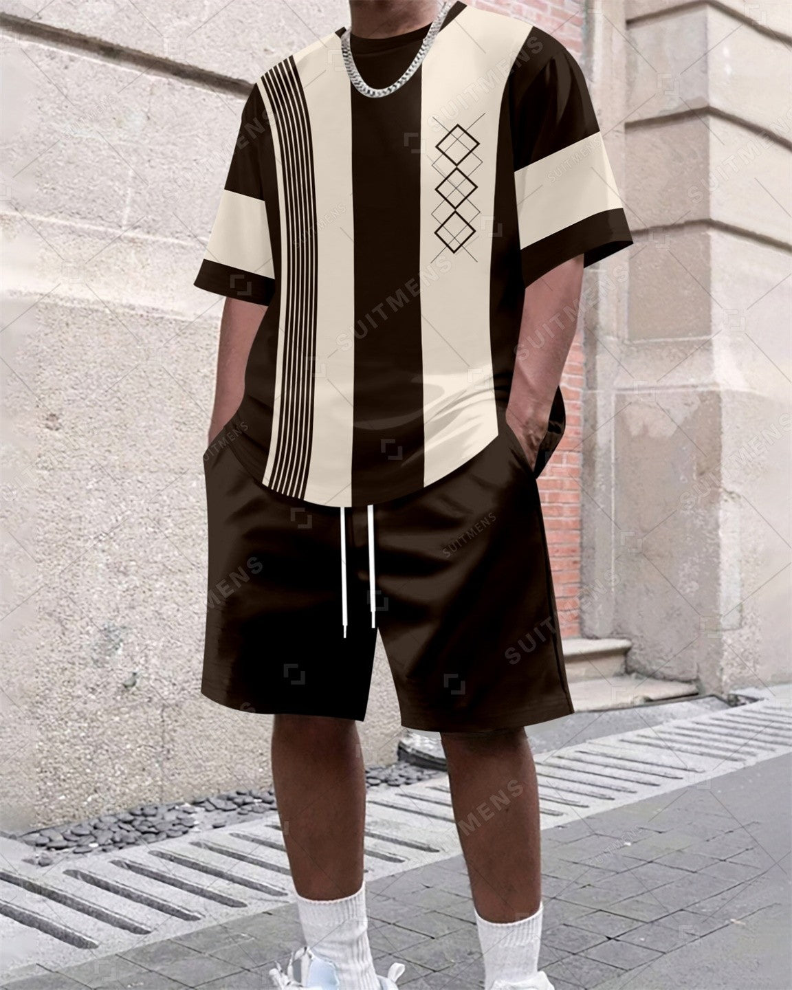 Men's Summer Colorblock Printed Round Neck Set 380