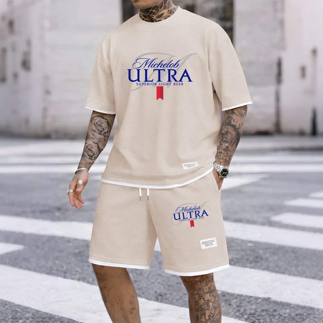 Men's Fitness Beer Print Waffle Fabric Short-Sleeved Shirt And Shorts Set