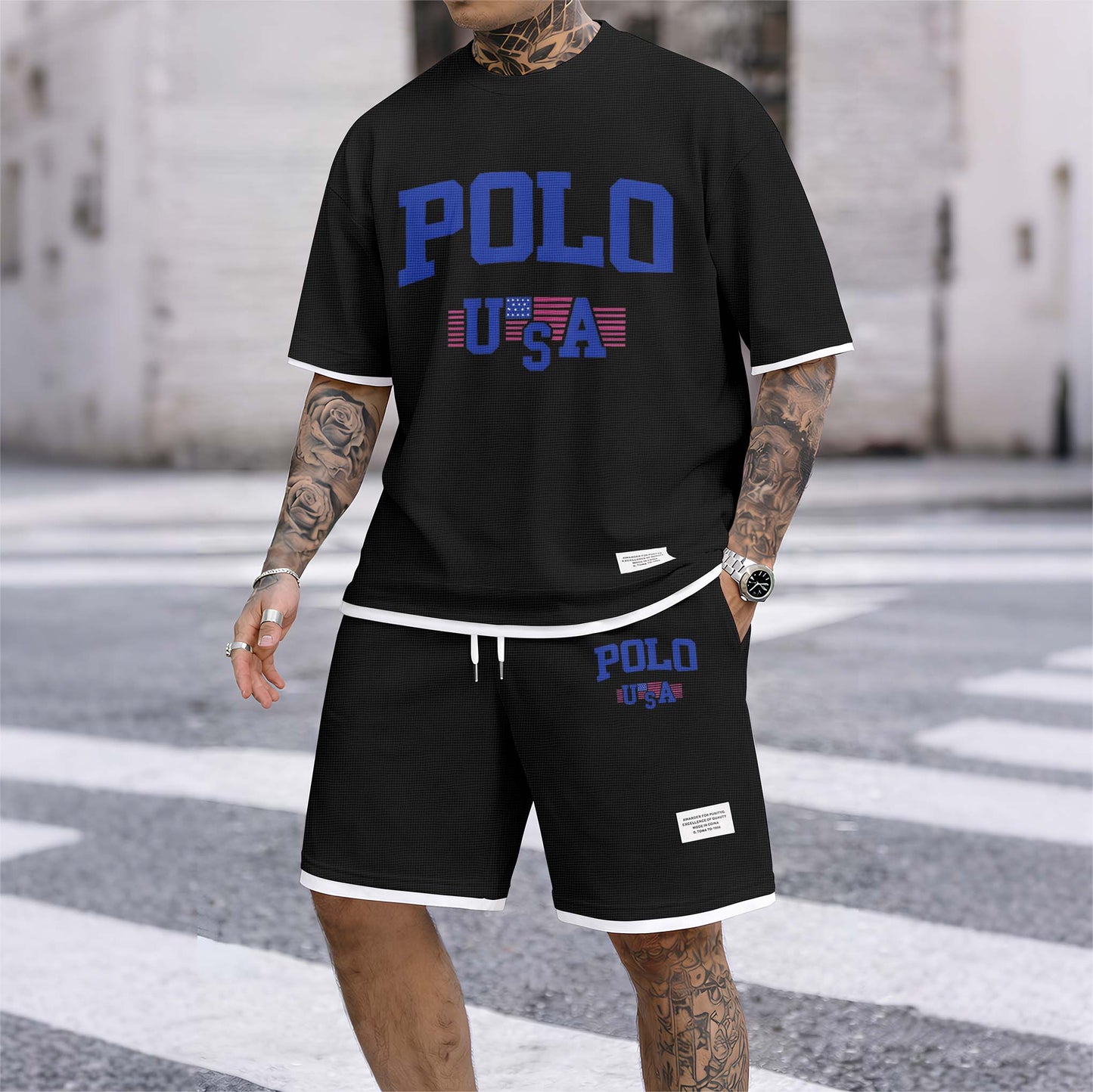 Men's USA Polo Print Drawstring Shorts Set For Spring/Summer. A Casual Summer Outfit, Including A Short-Sleeved Shirt And Shorts, Suitable For Everyday Wear And Sports. A Two-Piece Set For A Relaxed And Energetic Lifestyle.