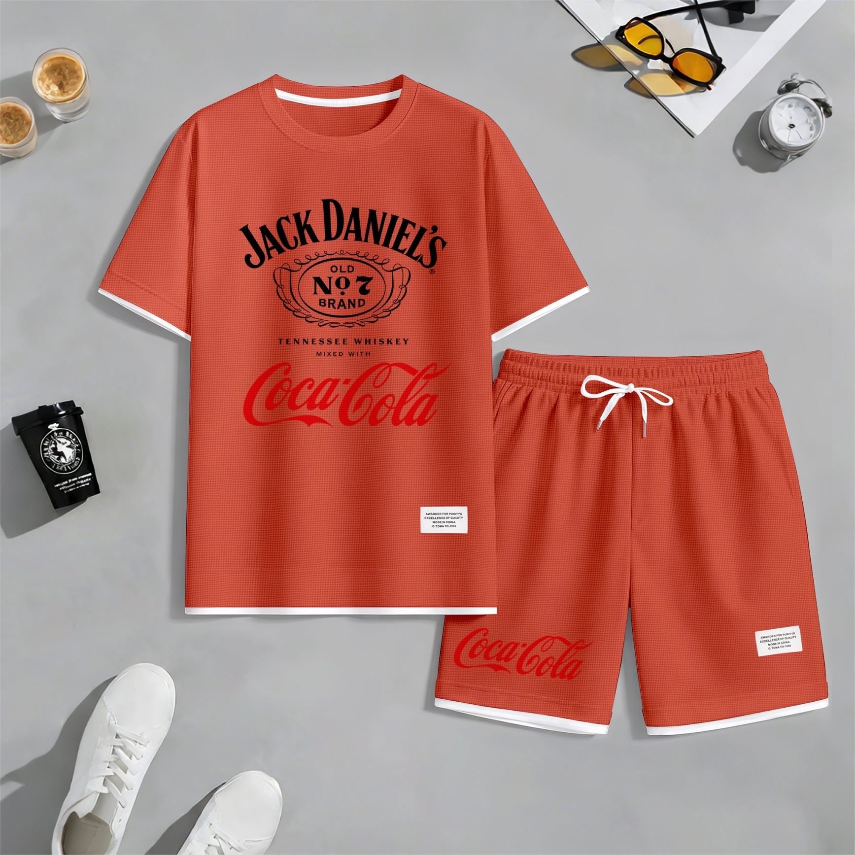 Men's Beer Print Drawstring Shorts Set, Suitable For Spring And Summer Wear, Casual Summer Set, Including Short-Sleeved Shirt And Shorts, Suitable For Everyday Wear And Sports 06