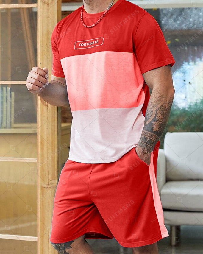 Men's Summer Color Matching Print Round Neck Set 227