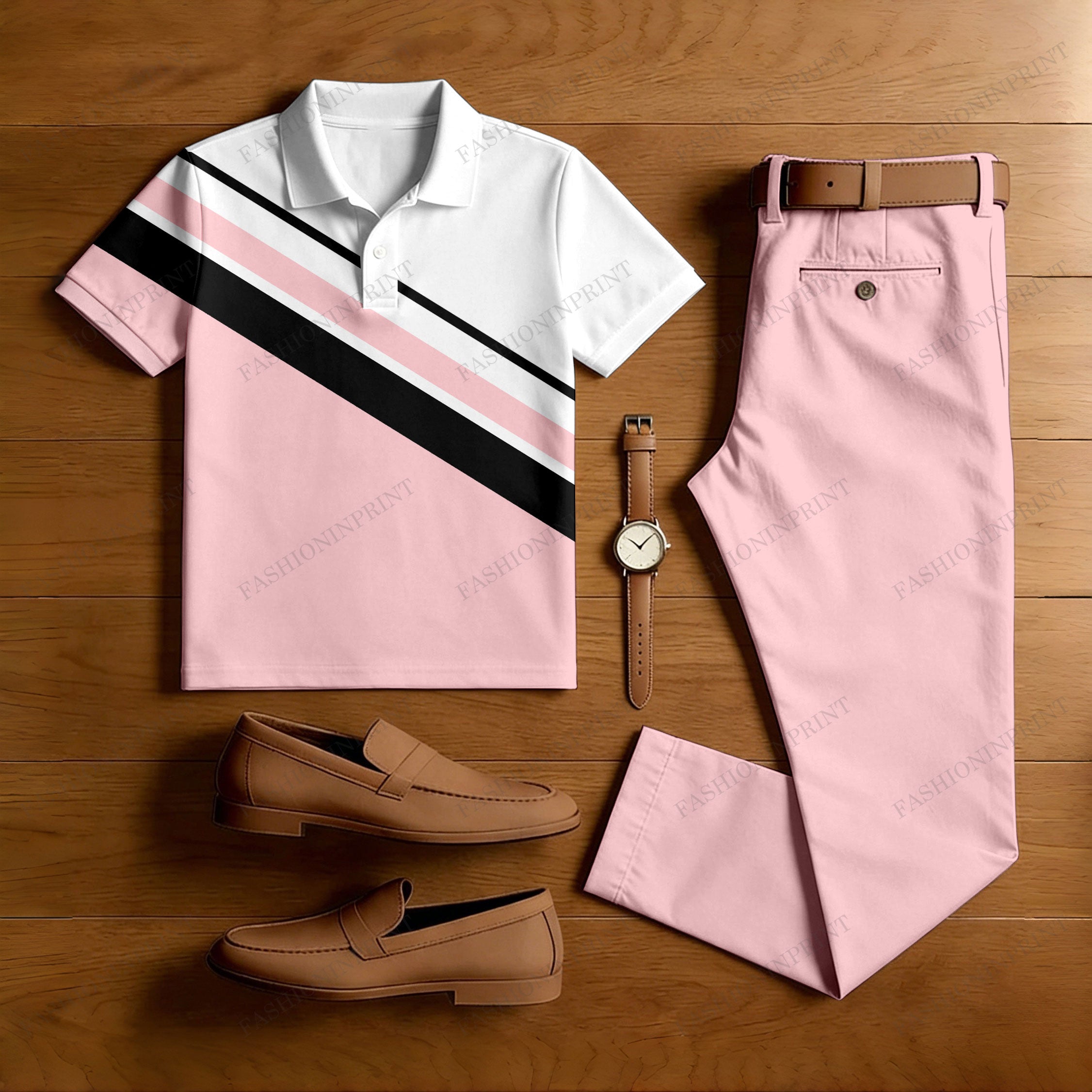 Men's Casual Pink & White Geometric Printed Polo Shirt And Pants Two-Piece Set