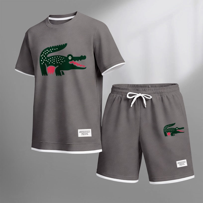 Men's Funny Crocodile Print Waffle Fabric Short-Sleeved Shirt And Shorts Set