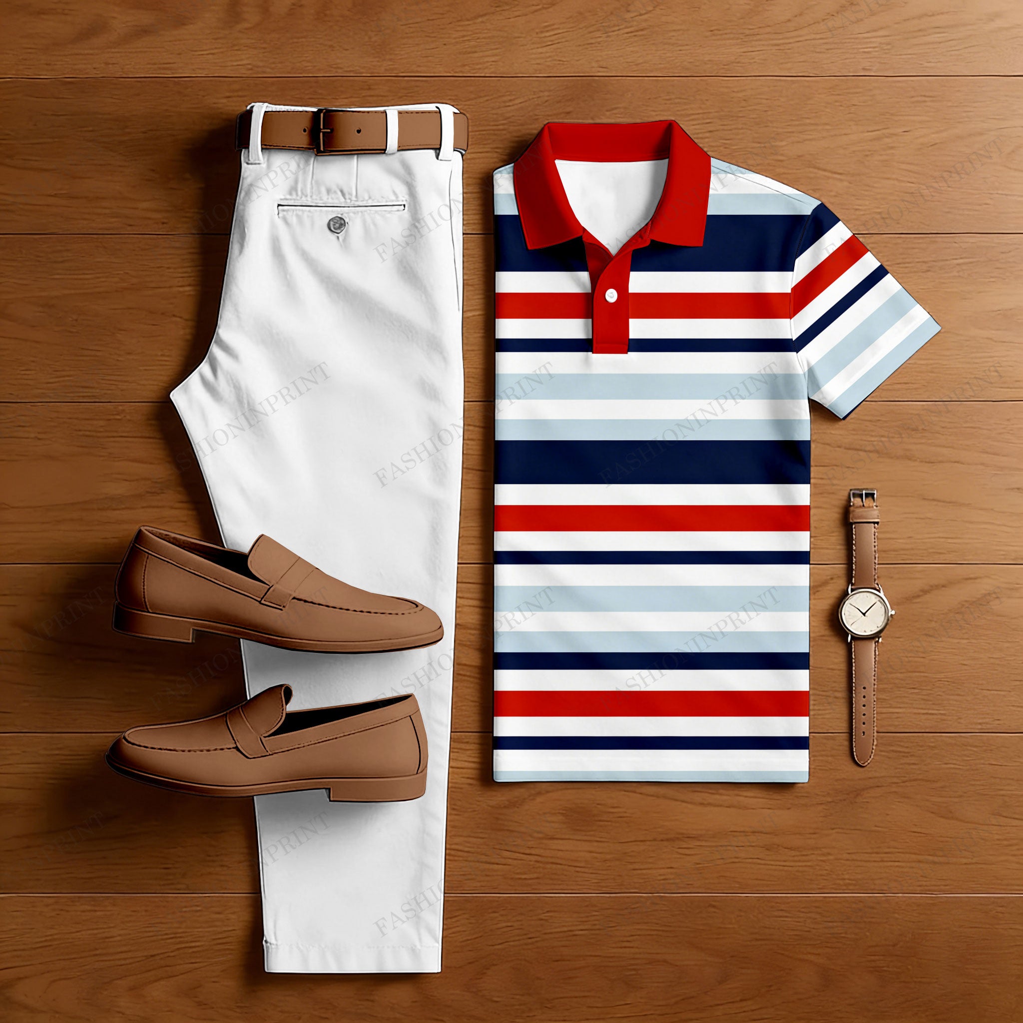 Men's Casual Red Bar Printed Polo Shirt And Pants Two-Piece Set