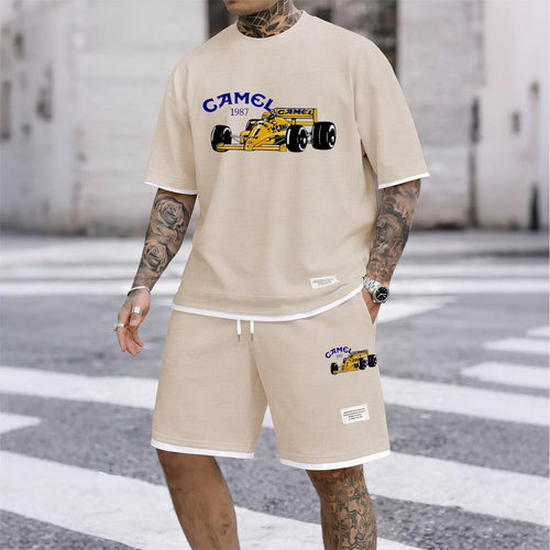 Men's Classic Racing Print Waffle Fabric Short-Sleeved Shirt And Shorts Set 02