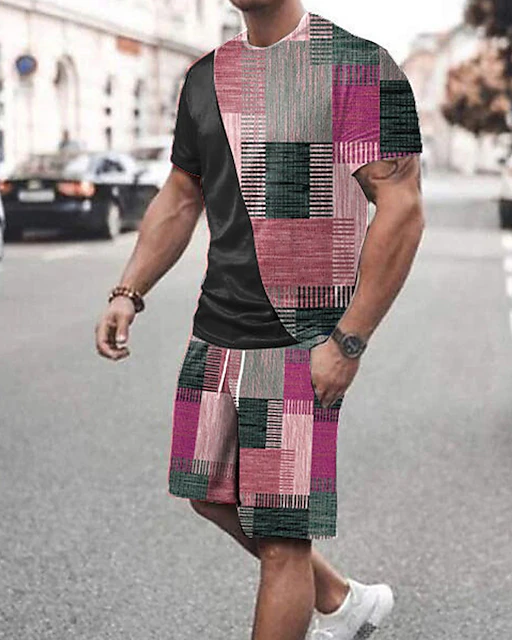 Suitmens Men's Colorblock Check Print Shorts Set 363