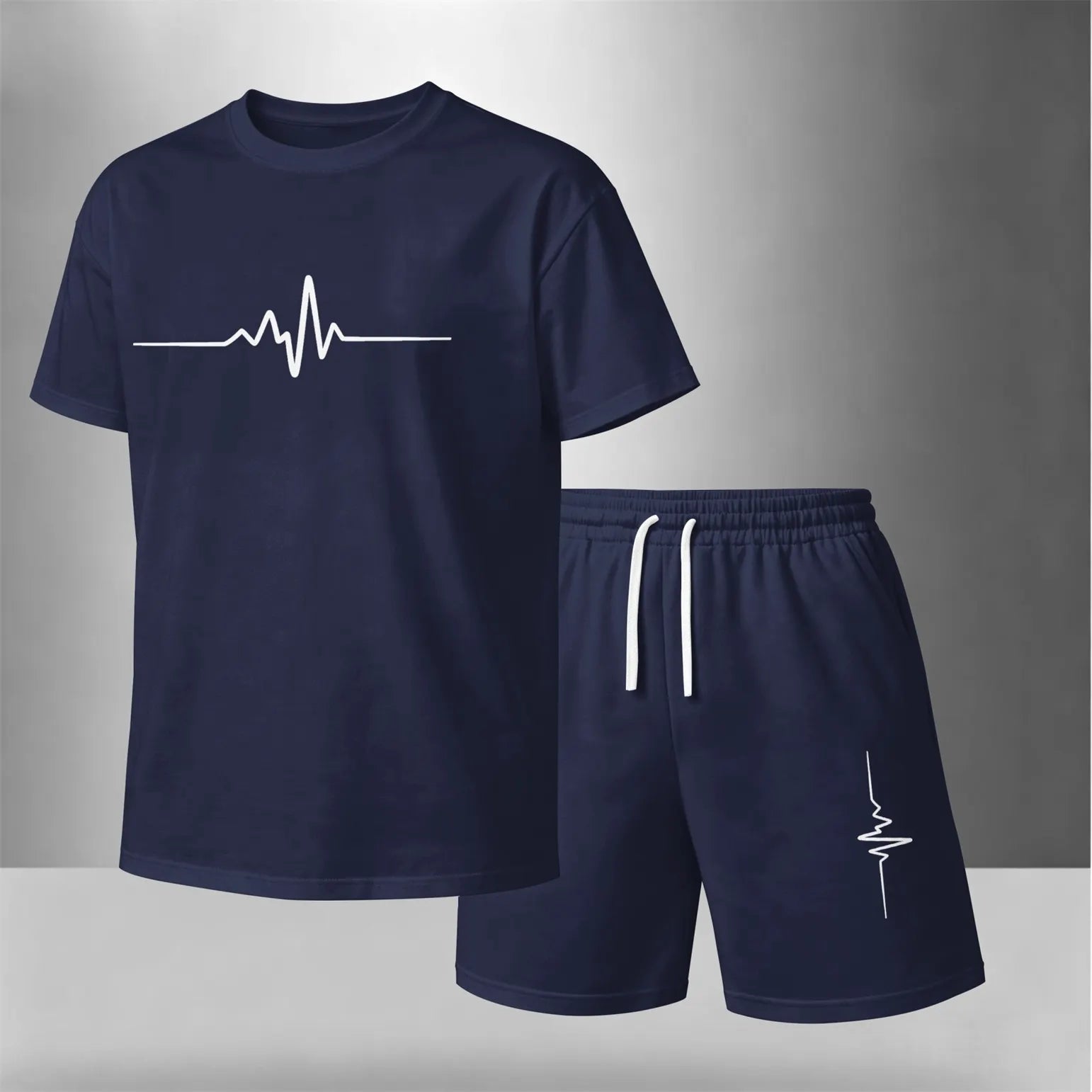 Men’s Summer 2 Piece Set, Heartbeat Line Print Short Sleeve T Shirt and Drawstring Shorts Matching Outfit, Lightweight Breathable Casual Set for Beach, Vacation, Gym, Travel, Running, and Daily Wear