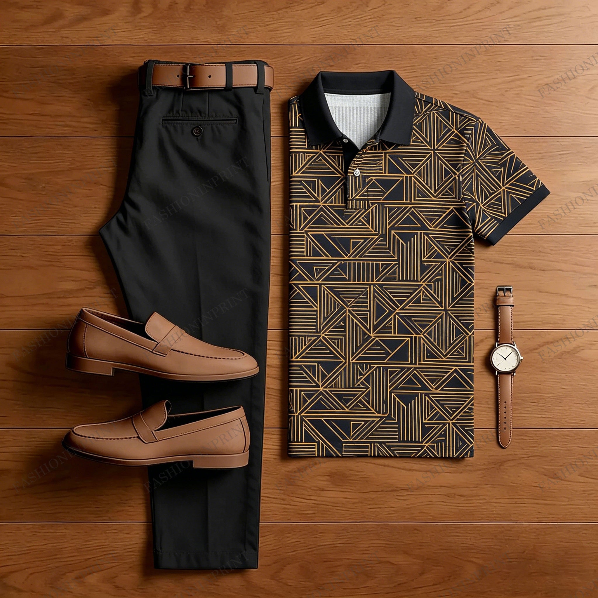 Men's Casual Printed Polo Shirt And Pants Two-Piece Set