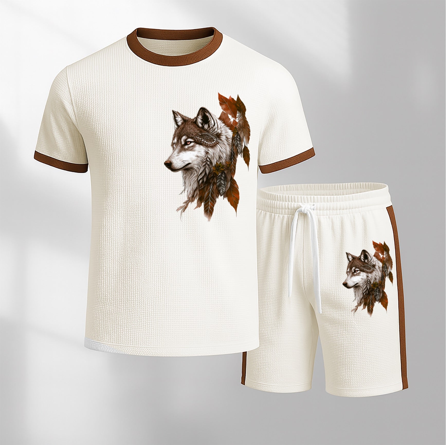 Men's Wolf King Pattern Short-Sleeve T-Shirt and Drawstring Shorts Set, Men's Clothing, Casual Sportswear Short-Sleeve Top and Shorts, Summer Men's Everyday Wear, Indoor and Outdoor Sportswear, Sports Set
