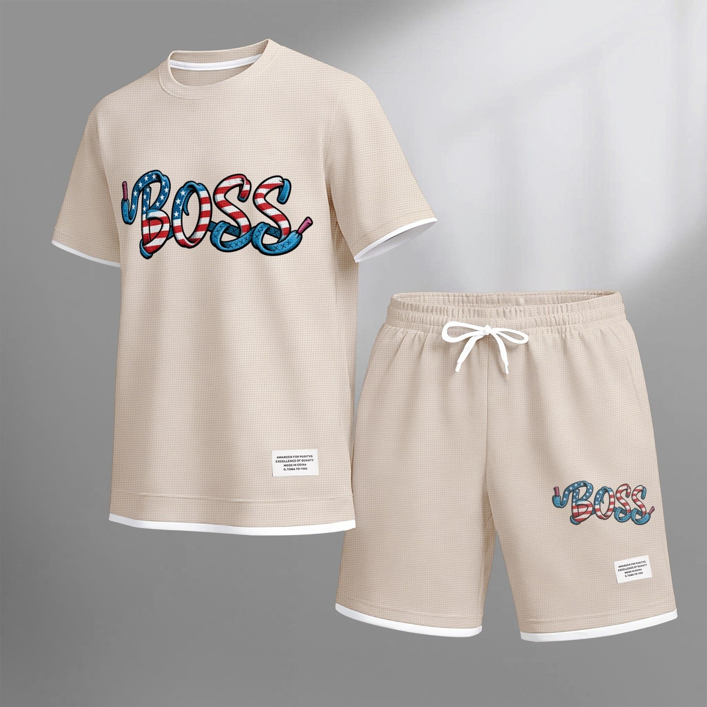 Men's Boss print drawstring shorts set for spring/summer, a casual summer outfit including a short-sleeved shirt and shorts, suitable for everyday wear and sports. A two-piece set for a relaxed and energetic lifestyle.