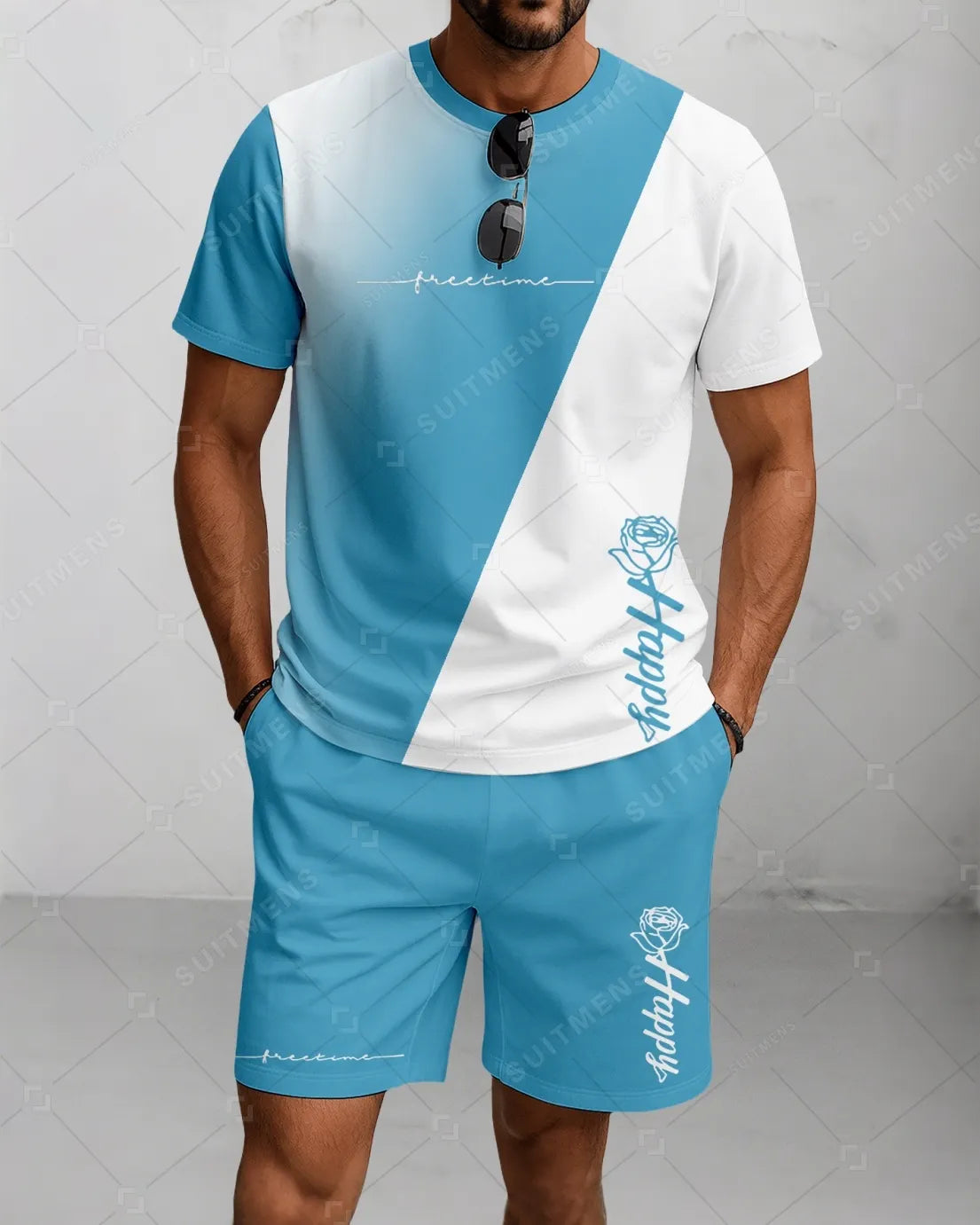 Men's Summer Colorblock Printed Round Neck Suit 072