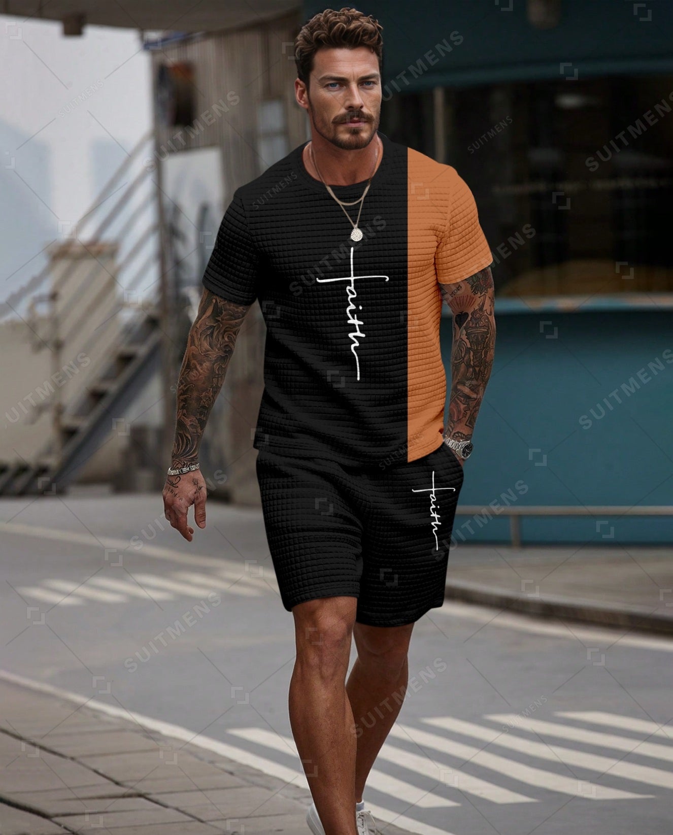 Men's Casual Waffle Textured Summer Round Neck Short Sleeve Shorts Set 0010
