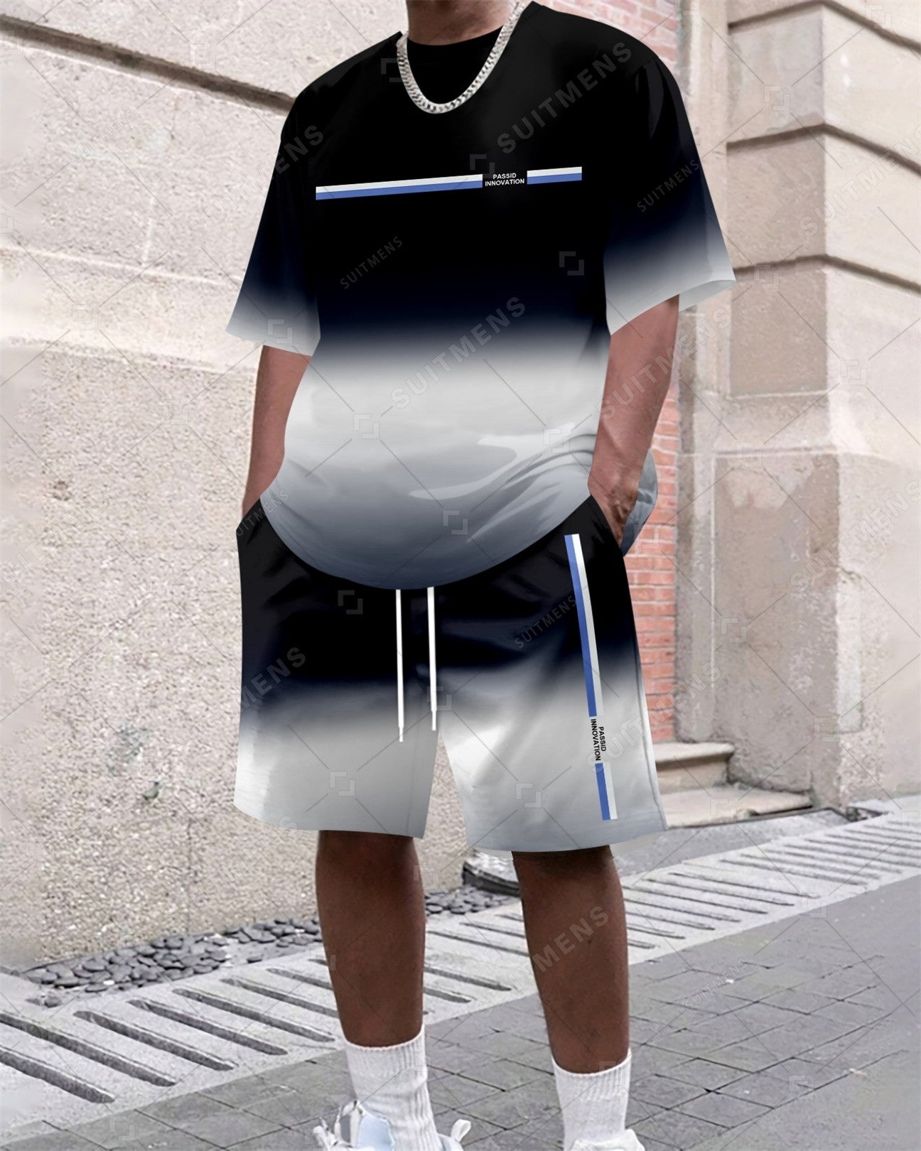 Men's Summer Gradient Printed Round Neck Set 436