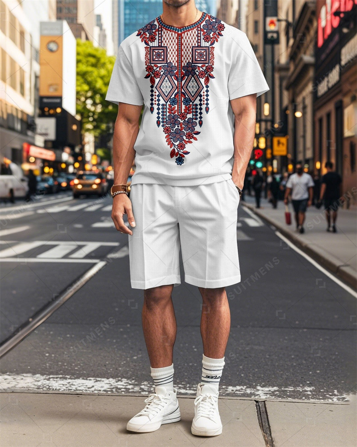Men's Vintage Geometric Flowers Printed Summer Round Neck Set 2006