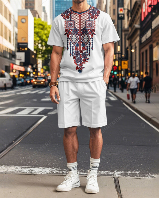 Men's Vintage Geometric Flowers Printed Summer Round Neck Set 2006