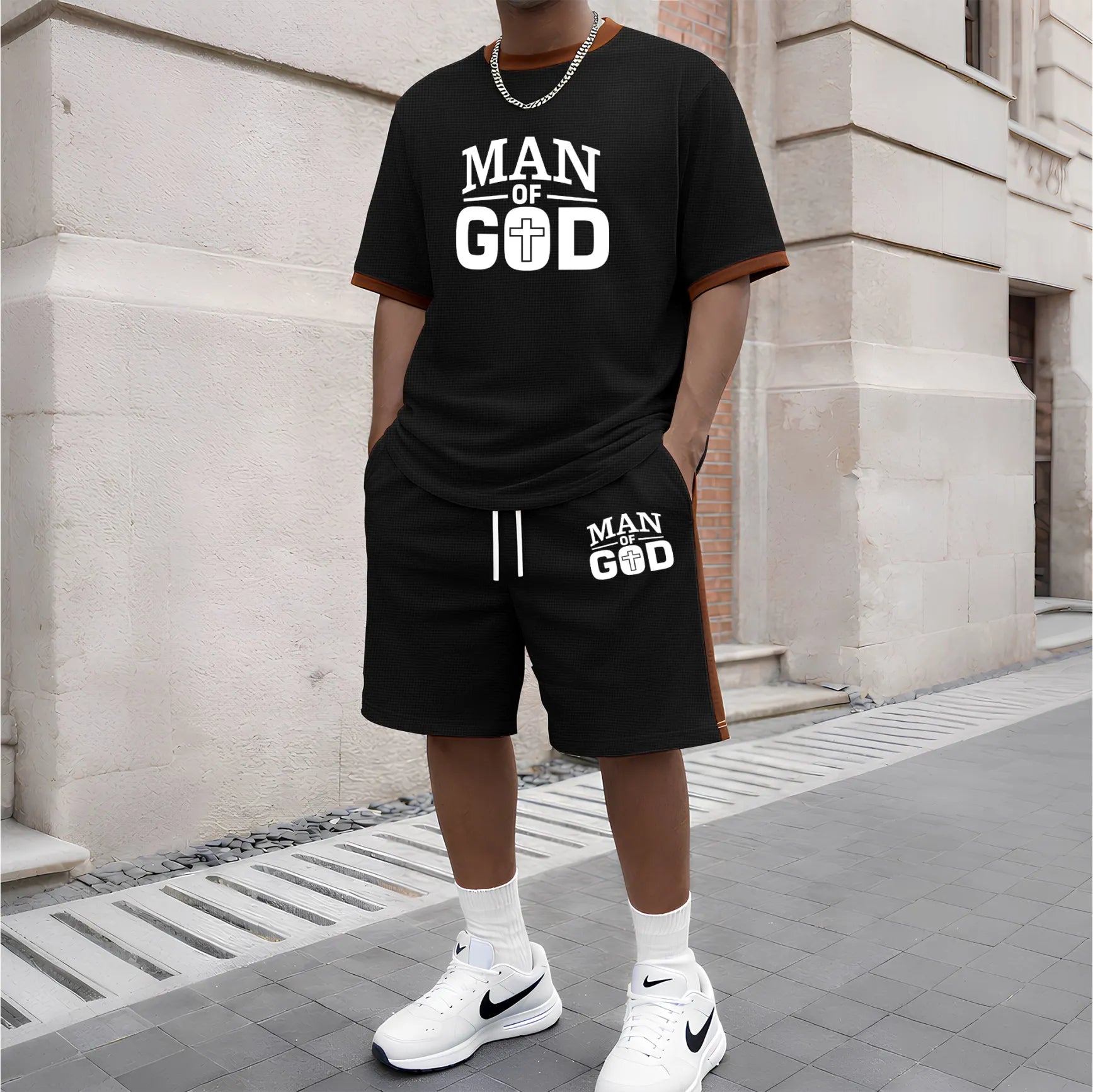 Men's God Graphic Short-Sleeved T-Shirt And Drawstring Shorts Set, Men's Clothing, Casual Sports Short-Sleeved Top And Shorts, Men's Summer Everyday Wear, Indoor And Outdoor Sportswear, Sports Set