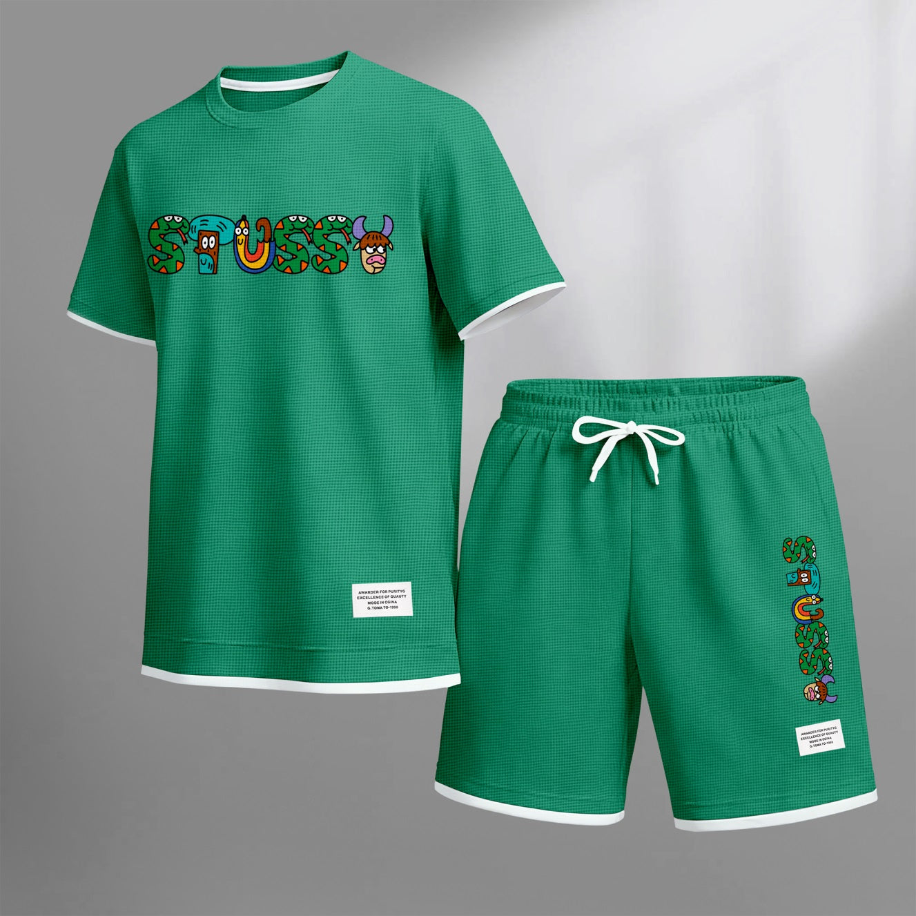 Men's Y2K Cartoon Print Waffle Fabric Short-Sleeved Shirt And Shorts Set