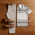 Men's Casual Light Brown Color Matching Ethnic Style Striped Printed Short Sleeved Polo Shirt & Trousers Two-Piece Set
