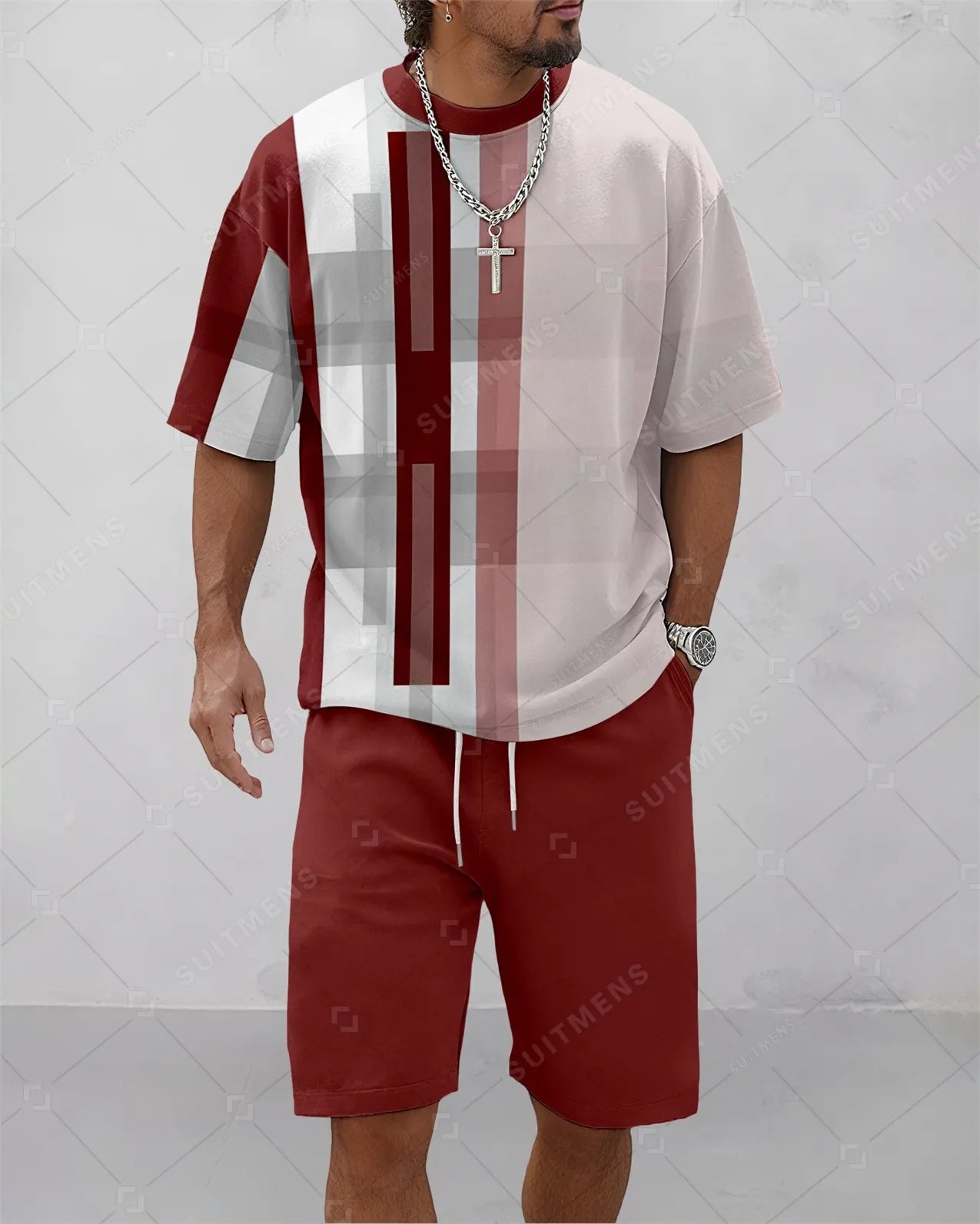 Men's Summer Colorblock Printed Round Neck Suit 083